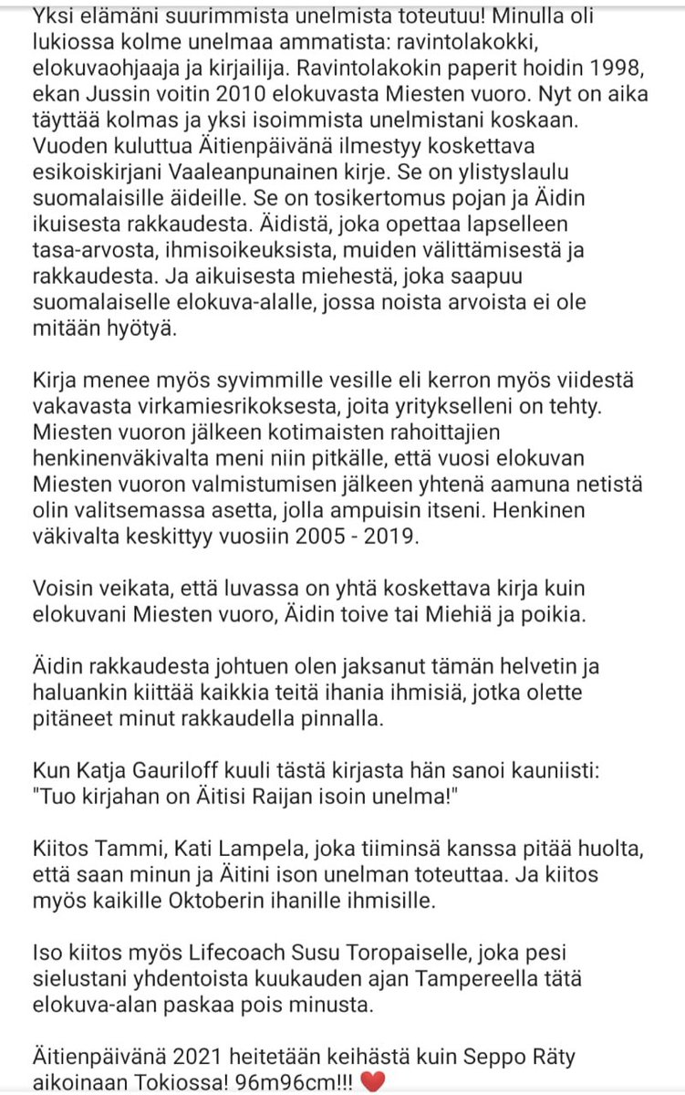 Yhdestä isoimmista unelmistani tulee totta. Vuoden 2021 äitienpäivänä ilmestyy esikoisromaanini Vaaleanpunainen kirje. Varmasti vuoden koskettavin kirja äidin ja pojan ikuisesta rakkaudesta.
#tammikirjat #tammi #oktober #kiusaaminen #tervola #kemi #lappi #munlappi