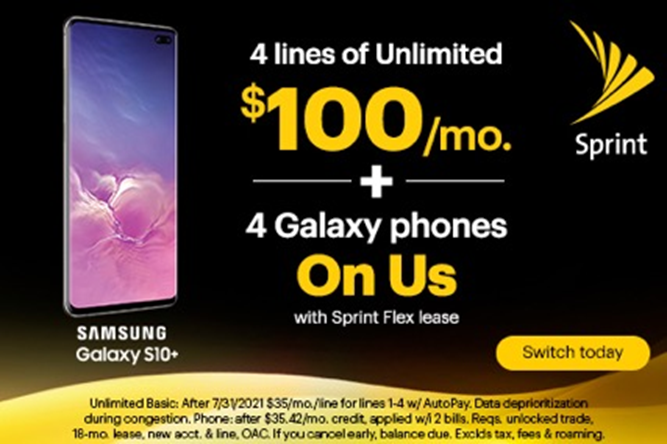 sprintpacnw's tweet photo. It’s our best Unlimited deal: Switch and get 4 lines of Unlimited for just $100/mo. Plus we’re throwing in 4 Samsung Galaxy phones with #Sprint Flex lease, on us!

#PacificNorthwest #Mobile #Network @_LindaLarsen @Sprint_Ricky @MoMo237923 https://t.co/fJH9ZIyjZW