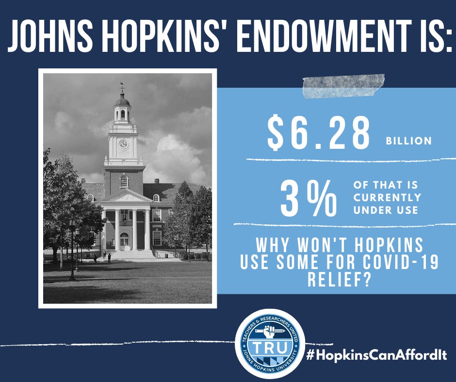 It's Day 1 of our #HopkinsCanAffordIt campaign! Every day, for the next 7 days, we will be posting *choice* numbers which make it clear that a) JHU can afford to provide funding extensions &amp; avoid furloughs/layoffs b) current austerity measures are unfair &amp; unequally implemented