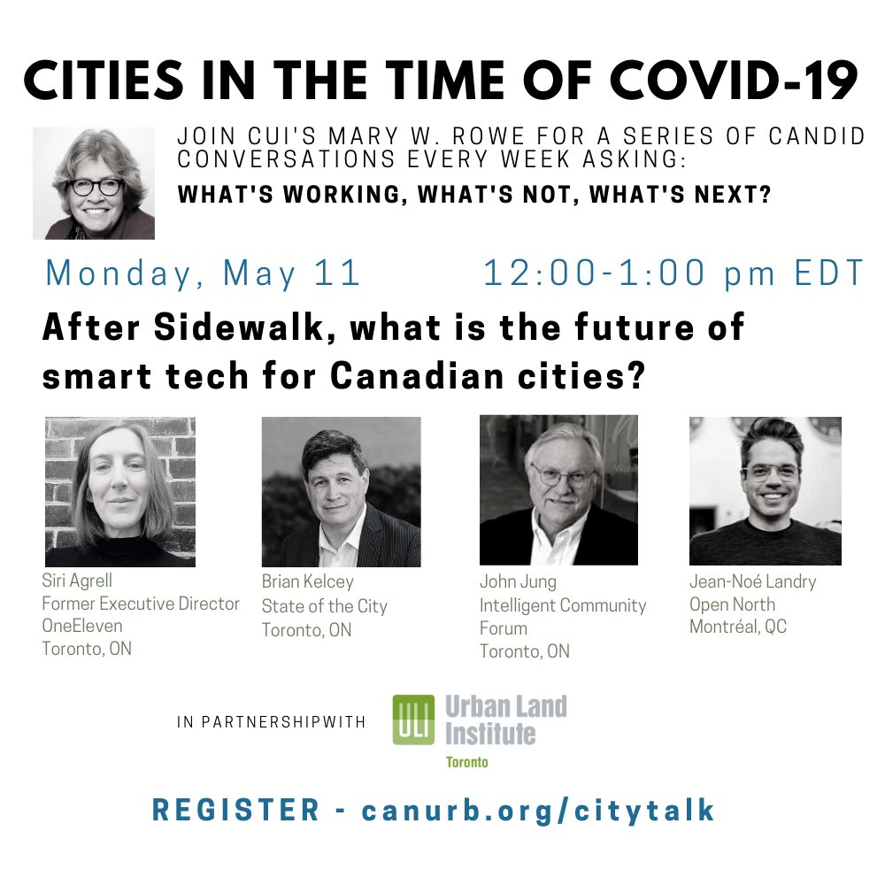 CANURB's tweet photo. Next week we have a full week of webinars...one every day. On Monday we talk about life after Sidewalk..and the future of smart tech. Putting this on with @ULIToronto. Register: https://t.co/bpsbRERMAG https://t.co/swxUTv90ru