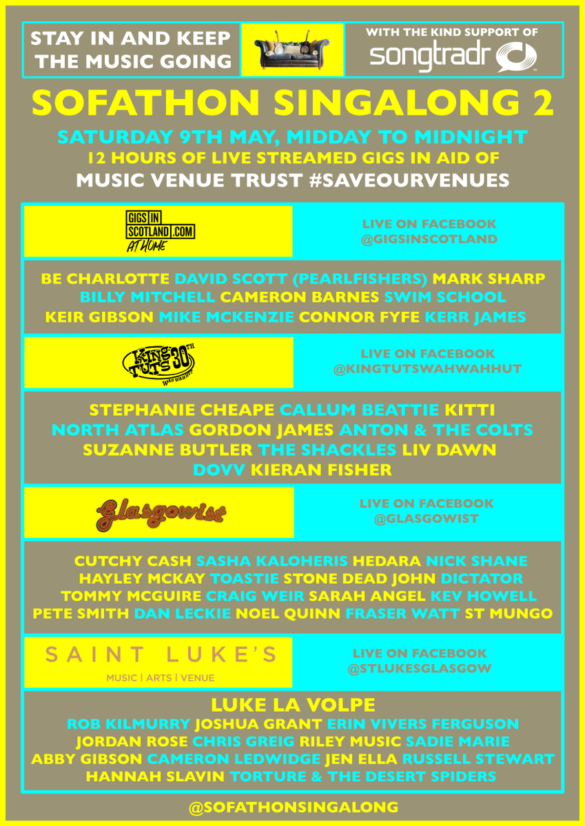 songtradr's tweet photo. Our virtual weekend plans: @SofathonS

Tomorrow, May 9, a marathon line-up of artists including @LukeLaVolpe, @iambecharlotte, @stephaniecheape &amp; more will perform in support of the #SaveOurVenues campaign. Learn more and tune in: https://t.co/QfAF0AUWqj  #sofathonsingalong https://t.co/MvfxTH71e9