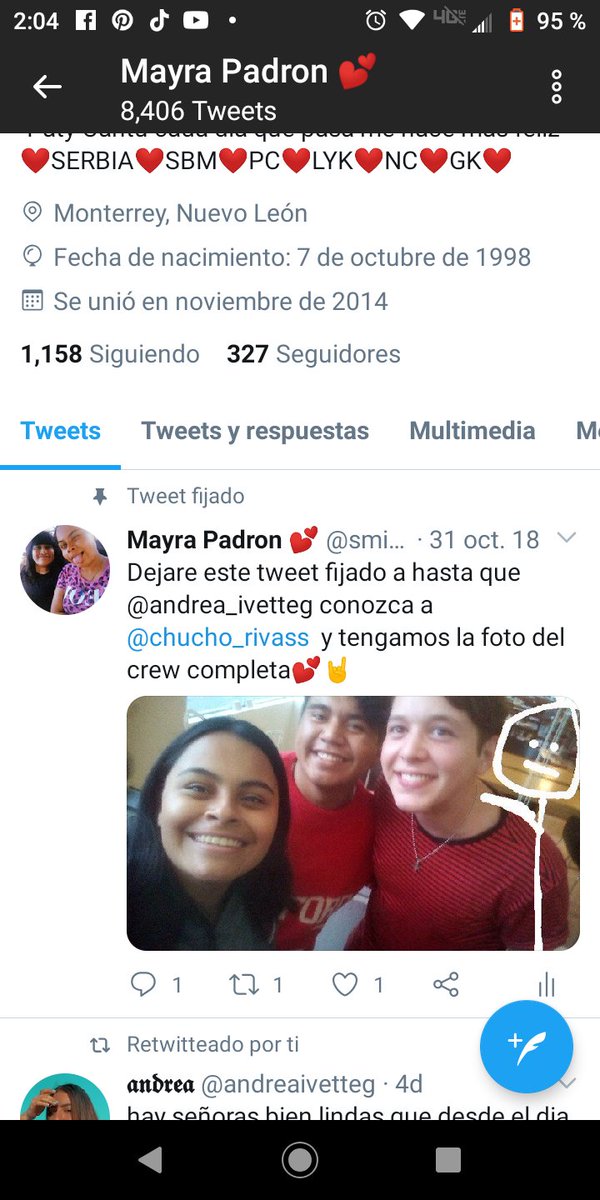 smilesofsbm's tweet photo. Se le que muchos ni pelan mis tweets pero me vale kk
Recuerdan cuando puse este magnífico tweet el cual deje fijado hasta que bebé @andreaivetteg  conociera a @chucho_rivass pues ya lo quite amigos y vean lo magnífico que se ve mi tweet fijado 😍😍😍😍💜 https://t.co/0Dc3JqBFTm