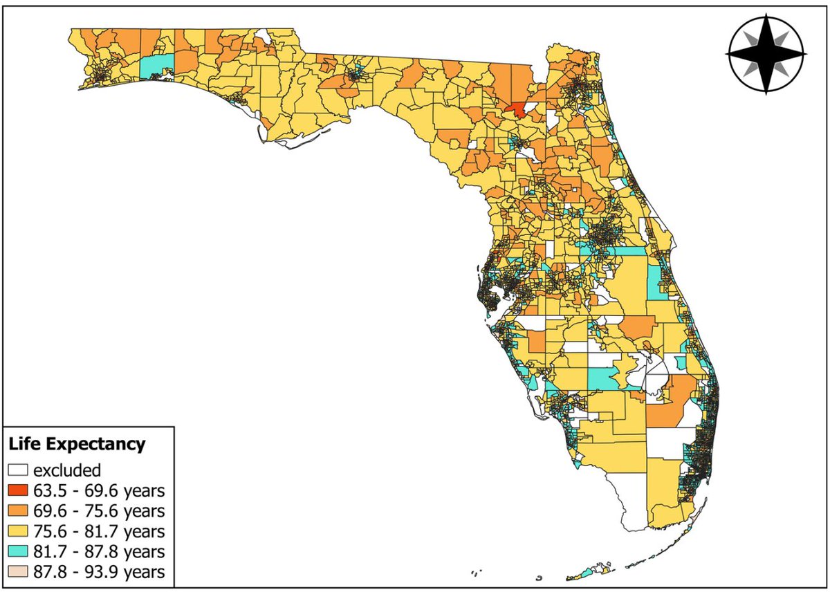 Congrats to <a href="/BertMelix/">Bert Melix</a> for publishing "Florida neighborhood analysis of social determinants and their relationship to life expectancy". Open Access: rdcu.be/b30EN. Life expectancy ranges from 63.5-93.9 years across Florida.