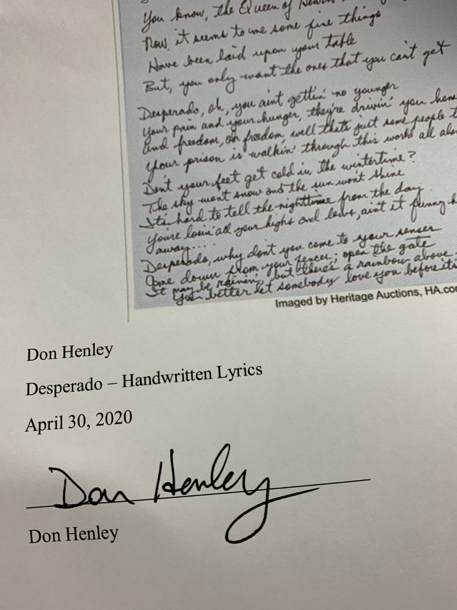 Don Henley Handwritten 'Desperado' Lyrics in Auction to Benefit North Texas  Food Bank