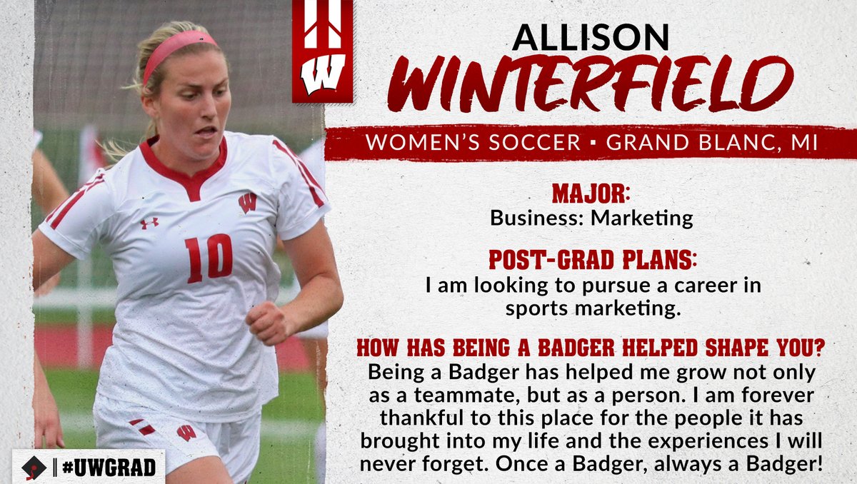 BadgerWSoccer's tweet photo. @bigten @PaytonWesley713 Help us recognize @alliedoiswin10 for everything she accomplished at @UWMadison!

 #UWGrad || #OnWisconsin https://t.co/D6ygA0BBwy