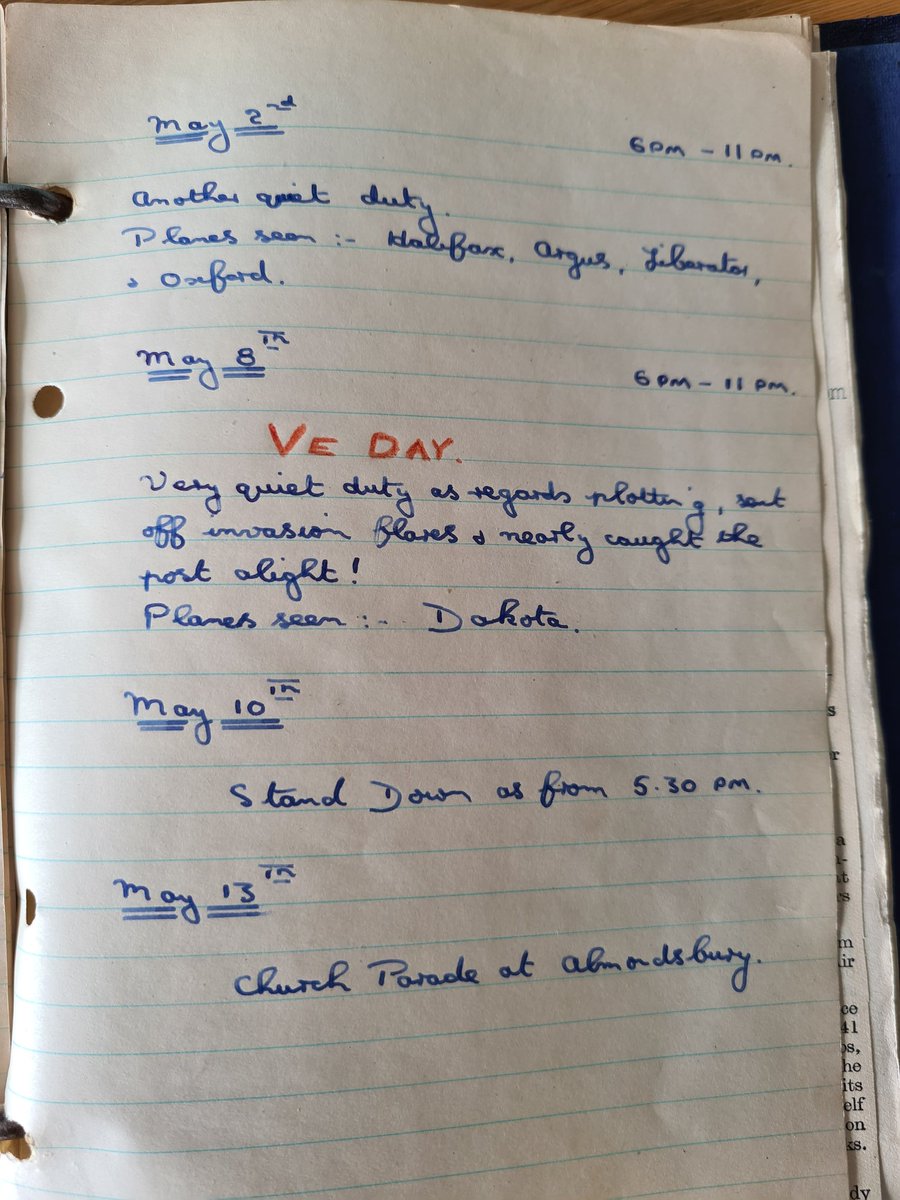 gav2403's tweet photo. V.E day duties entry from 8th May 1945 by Royal observer Corps J.C Bailey of Bristol @IWMDuxford @RoyalAirForce https://t.co/Xg4tBnTqSS