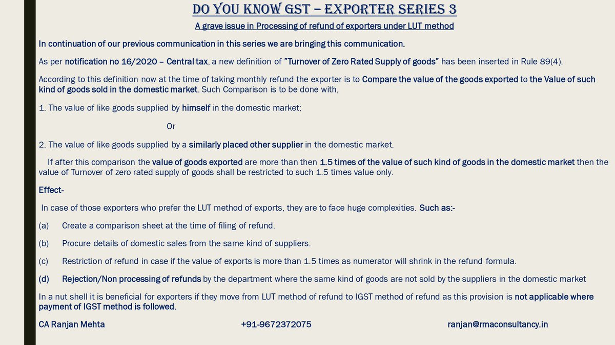 ranjanmehta1990's tweet photo. A grave issue in Processing of refund of exporters under LUT method...
#doyouknowgst #exporterseries #refund #LUTmethod #dykg https://t.co/pqLqfNrAeN