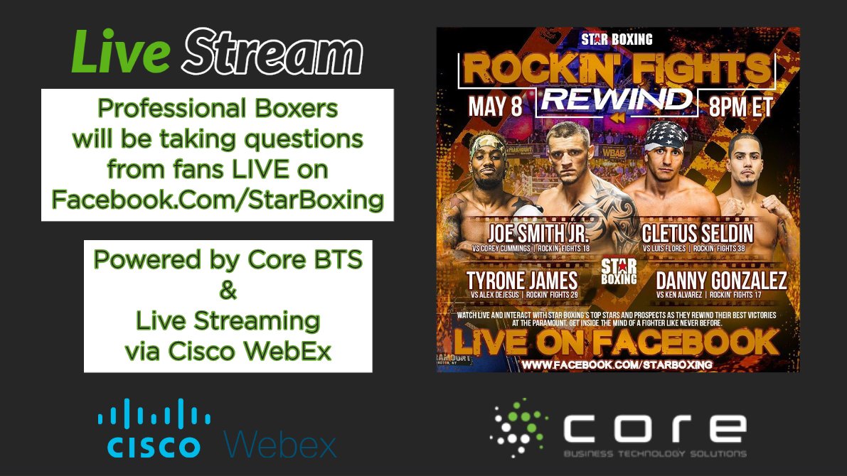 pomara_matt's tweet photo. We are sad not to be @TheParamountNY tonight for @StarBoxing
Not all bad news:
Check out the 1st ever #RockinFights Rewind, w/ live commentary from @beastsmithjr @Elgallodanny #Tyronejames and @LifeOfCletus
Powered by @Webex and @Corebts
@Chris_Nico @pomdr #CoreinYourCorner https://t.co/VLNDo0pmSf