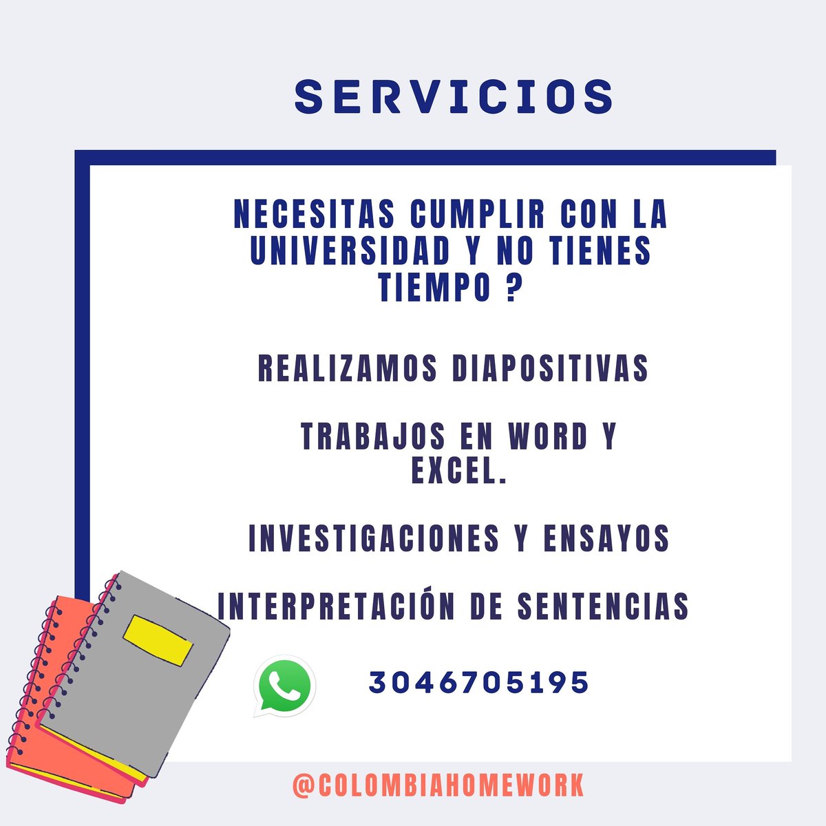 ColHomework's tweet photo. 📚 SIN TIEMPO Y CON MUCHOS TRABAJOS ACUMULADOS ?📚.
.
 Hacemos tu tarea o trabajo como si fuese el nuestro, 100% responsables y garantizamos tu nota 👋👨‍💻.
.
.
wpp: 3046705195📲 .
 #colombiaHomework #tareas #homework #escuelas #colegios #uniAtlantico 9#virtual #Barranquilla https://t.co/AN5XftO4Td