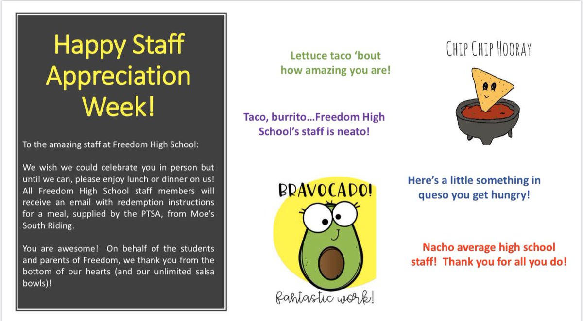 Thank you to the amazing staff at FHS for all you do! Please enjoy lunch on us.  All staff should check their emails for a special message from the PTSA! #TeacherAppreciationWeek <a href="/fhseaglesnest/">Freedom High School</a>