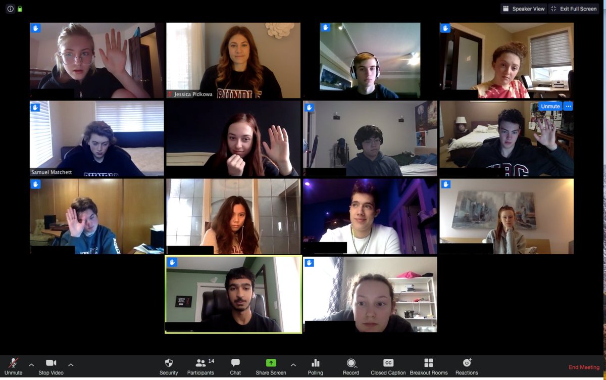 MsPidkowa's tweet photo. This may look like just another zoom class, but nothing warms a social studies teacher's heart more than so many hands up (literally or using the blue icon), excited to discuss current events!  #wearerundle #togetherapart #RundleREEDS @RundleJrSr https://t.co/jW6Doog6wB