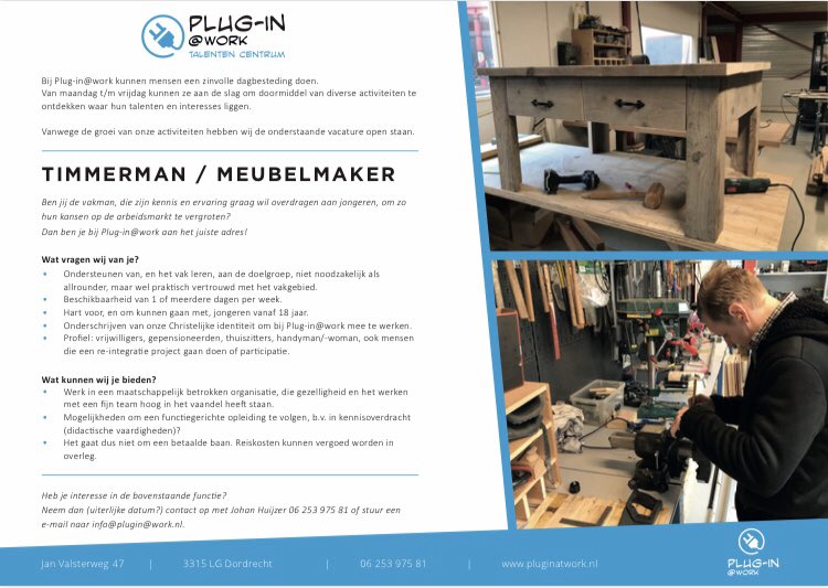 Pluginatwork's tweet image. VACATURE
Wegens groei van Plug-in@work zijn wij op zoek naar jou!

Timmerman/Meubelmaker

Delen van bericht vinden wij fijn!