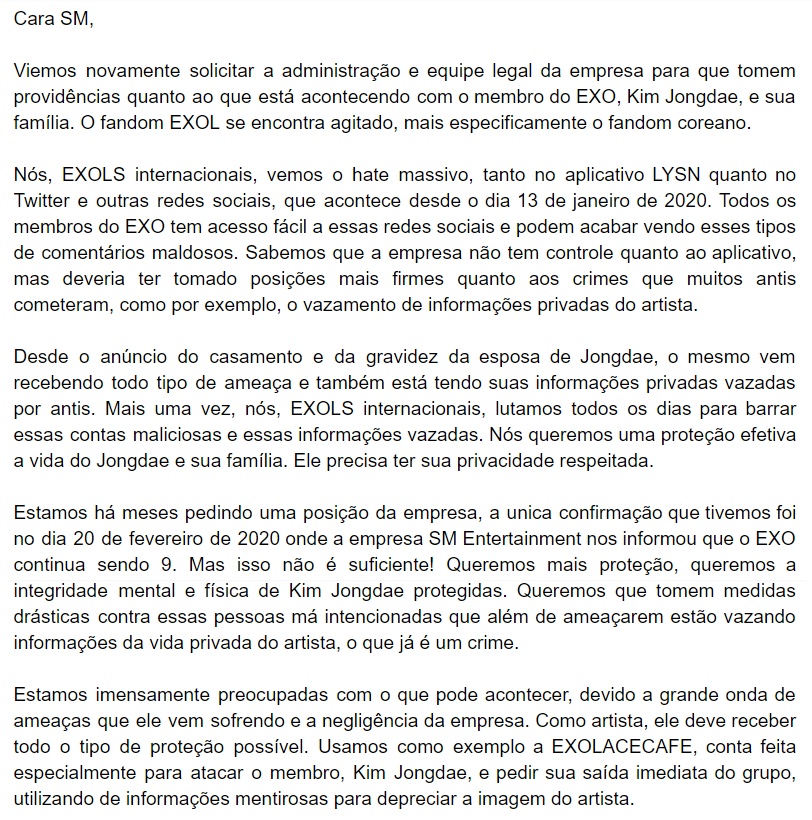 EXOPROTECTSQD's tweet photo. Para que vocês saibam qual conteúdo enviaremos para a SM, aqui está o texto do email que será enviado para protect@smtown.com no dia 11 de Maio. 

Em breve disponibilizaremos em pdf para vocês copiarem e enviá-los. https://t.co/nIXyIxljKE