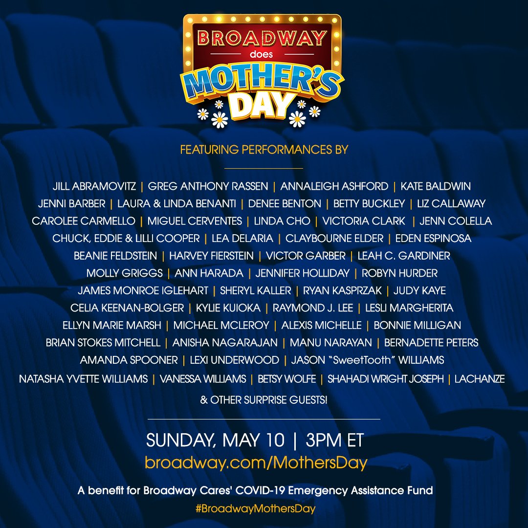 broadwaycom's tweet photo. Need a fantastic way to celebrate Mother’s Day? Join Broadway stars, their children and their mothers on Sunday, May 10 at 3pm ET for the BROADWAY DOES MOTHER’S DAY special! 

https://t.co/pieGqXd1iR https://t.co/sXGQEmEXaN