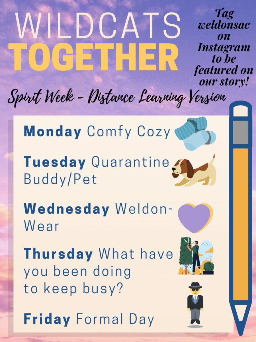 MsDavey's tweet photo. Wildcat Spirit Week 💜💛 Take a photo of your spirit & share it with @IEWeldonSAC on instagram #VirtualSpiritWeek #WildcatSpiritWeek #TLDSB #IEWeldon #WildcatsTogether https://t.co/x2ER5Gnj4I