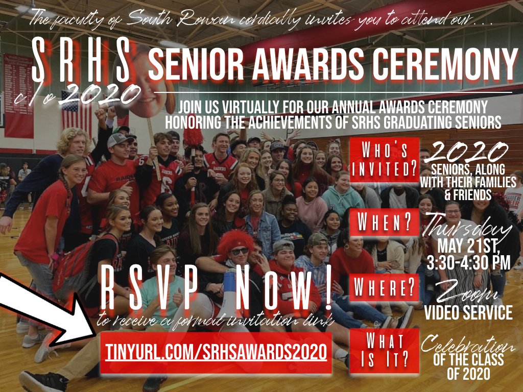 Becky Glenn (@rebeccarglenn) on Twitter photo SRHS Virtual Senior Awards Ceremony is May 21st from 3:30-4:30pm. Will you be there? RSVP to get the webinar link prior to the event. We can't wait to see everyone there!
RSVP: tinyurl.com/SRHSAWARDS2020
#srhs1920 #classof2020
<a href="/KellyWWithers/">Kelly Withers</a>
<a href="/SRHSRaiders/">SouthRowan</a>
@SRHSRowdies2020 SRHS Virtual Senior Awards Ceremony is May 21st from 3:30-4:30pm. Will you be there? RSVP to get the webinar link prior to the event. We can't wait to see everyone there!
RSVP: tinyurl.com/SRHSAWARDS2020
#srhs1920 #classof2020
<a href="/KellyWWithers/">Kelly Withers</a>
<a href="/SRHSRaiders/">SouthRowan</a>
@SRHSRowdies2020