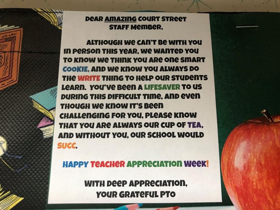 CourtStSchool's tweet photo. Imagine our surprise when all Court St faculty &amp; staff received a special gift on our front porches (or lawns) for educator appreciation! Our PTO is the best❣️Thank you!Thank you! Thank you! ❤️ https://t.co/QsBs3mORB8