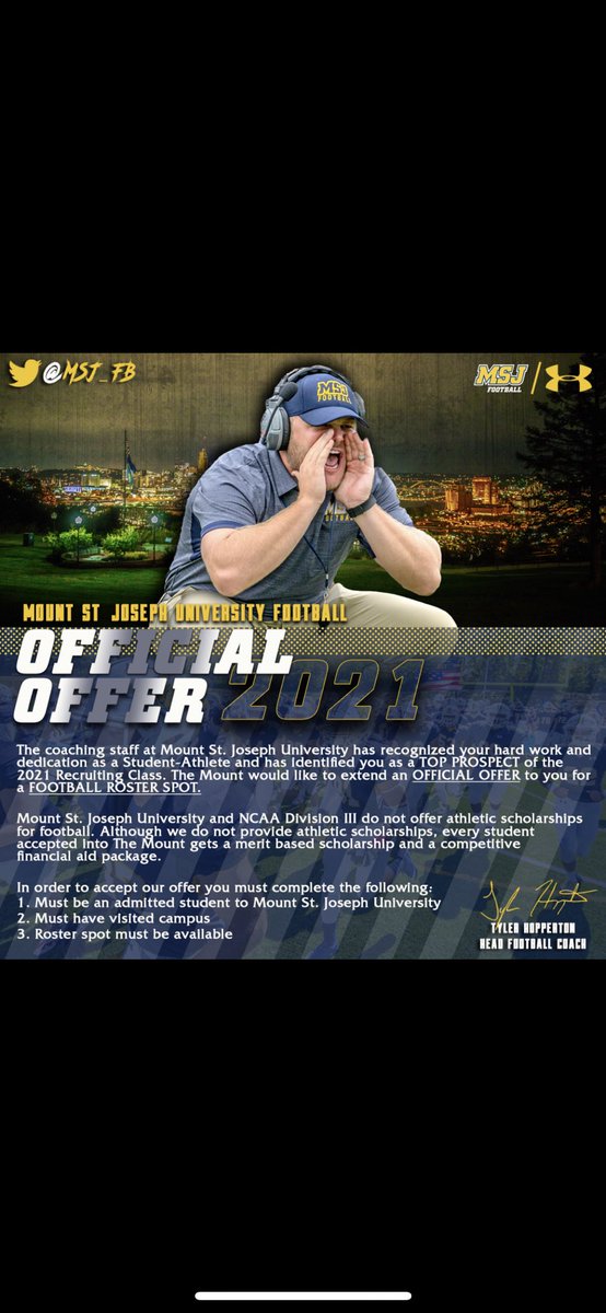 Thankful to have received my first offer from Mount St. Joseph University <a href="/coachtmsj/">Rick Thompson</a> <a href="/MSJ_FB/">Mount St. Joseph Football</a> #defendthemount