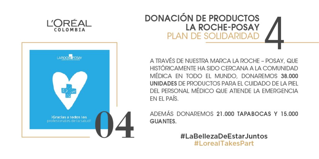 lorealcolombia's tweet photo. Como parte de nuestro Plan, donaremos 38.000 unidades de La Roche-Posay para el cuidado de la piel de la comunidad médica que atiende la emergencia en el país. #Lorealtakespart #LaBellezaDeEstarJuntos 💪 https://t.co/B9JfJ7fQzl