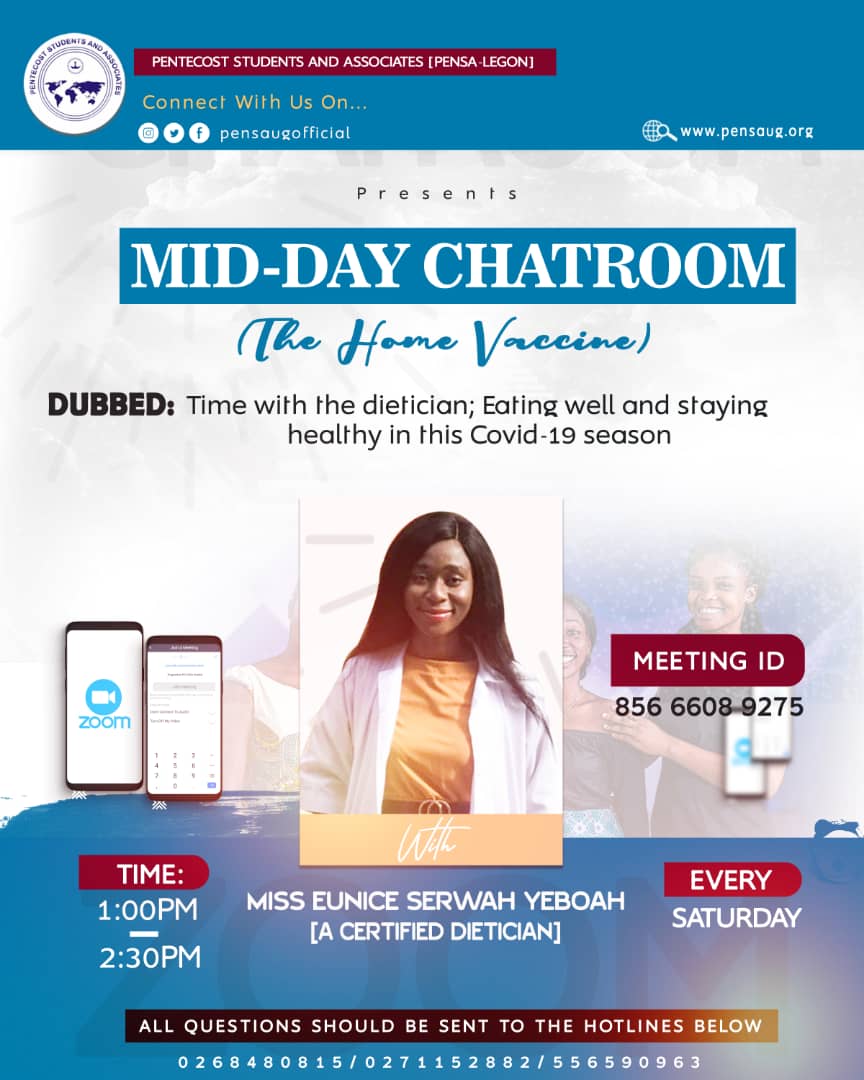 pensaugofficial's tweet photo. Join us for our Mid-day chatroom session on zoom tomorrow dubbed "Time with the dietician, eating well and staying healthy in this Covid-19 season".
.
JOIN MEETING VIA:
https://t.co/y23rBgdL0d
.
MEETING ID: 856 6608 9275
PASSWORD: PENSA1
.
#MIDDAYCHATROOM
#possessingthenations https://t.co/l2ORwSVSVM
