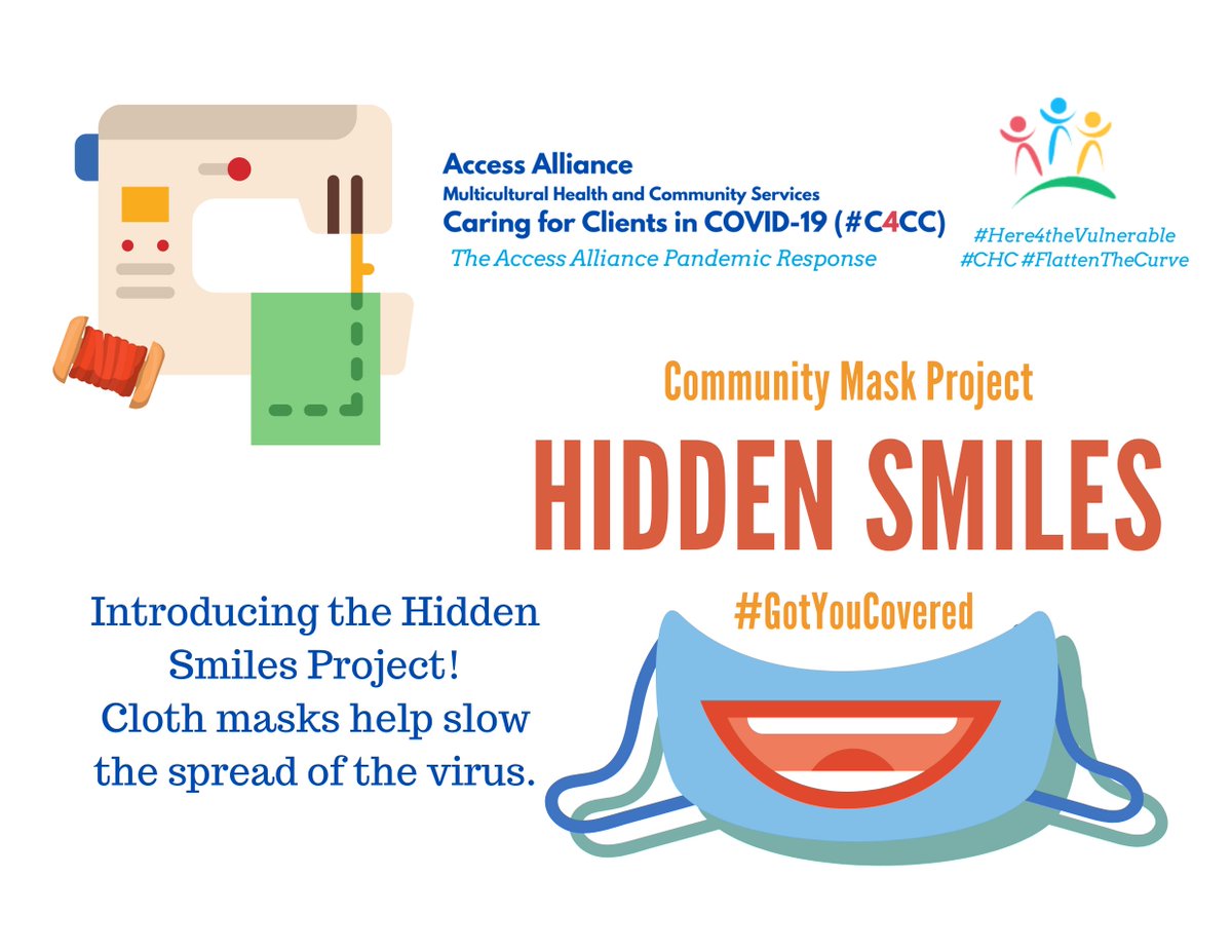 AccessAlliance's tweet photo. Thanks to all our generous donors, the #HiddenSimiles project was launched in #AccessPointonDanforth two weeks ago. Skilled community sewists have made 400+ cloth masks to be given to community members, in an effort to #SlowTheSpread 
#CommunityHealthMatters and we #GotYouCovered https://t.co/iooQALz1S7