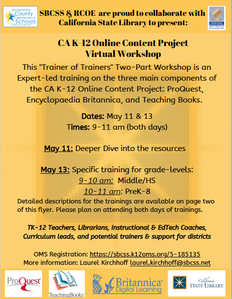 SBCSS_EdTech's tweet photo. Excited to be working w/amazing teams from: @CAStateLibrary @ProQuest @Britannica @TeachingBooks @RCOE to host CA K-12 Online Content Project Training virtually next wk! Be an expert in tools that won't go away in CA after COVID! It's almost full: register https://t.co/D4YdQz6kne https://t.co/TejQBH9jnJ