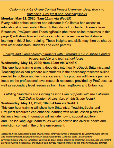 SBCSS_EdTech's tweet photo. Excited to be working w/amazing teams from: @CAStateLibrary @ProQuest @Britannica @TeachingBooks @RCOE to host CA K-12 Online Content Project Training virtually next wk! Be an expert in tools that won't go away in CA after COVID! It's almost full: register https://t.co/D4YdQz6kne https://t.co/TejQBH9jnJ