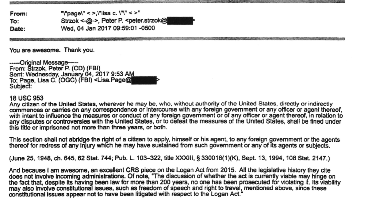 Relying on Van Grack’s claims - Judge Sullivan wrongly held that FBI and DOJ communications “are not favorable and material to sentencing.”New evidence shows that the FBI/DOJ conspired to use the Logan Act against Flynn.The evidence is material and favorable.