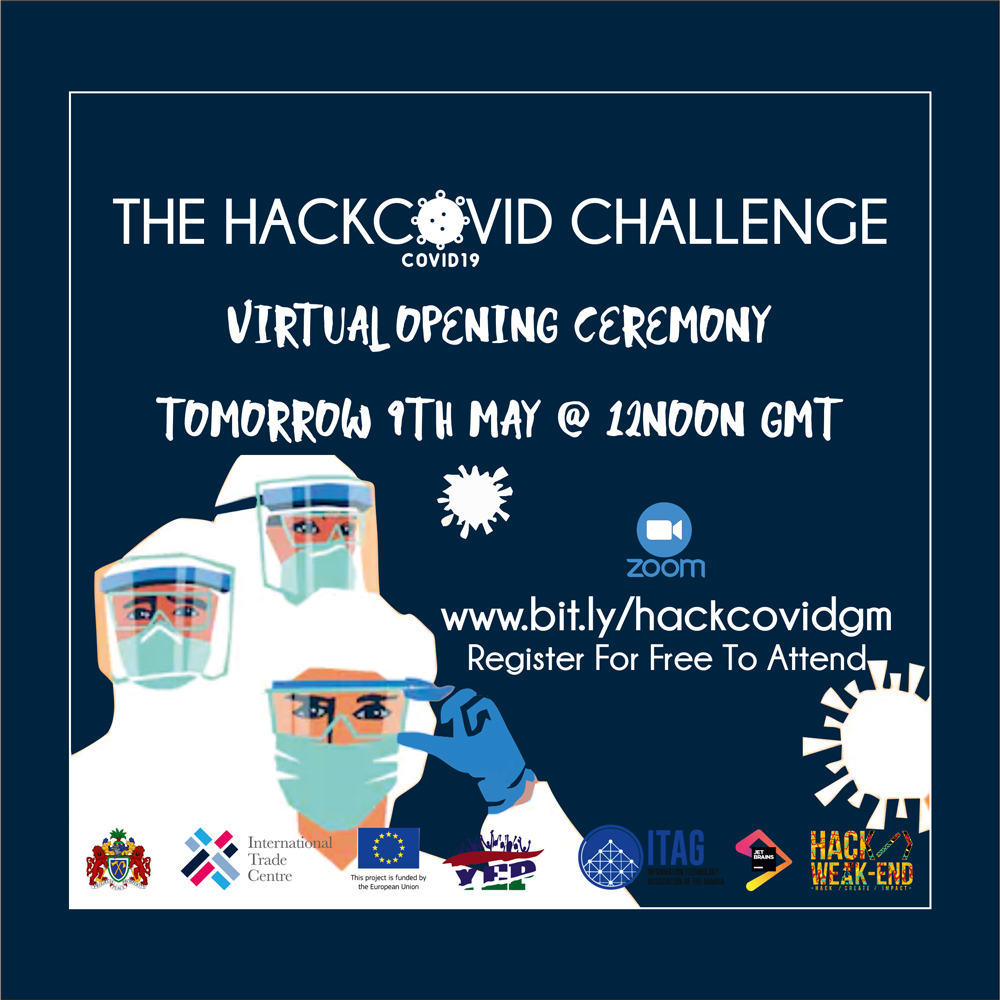 hackweakend's tweet photo. The #HackCovidChallenge brought to you by @yepgambia , @ITAGGambia  &amp; supported by @jetbrains starts in about 17 Hours.
Join us at the virtual opening tomorrow on #Zoom via https://t.co/FZIbmh30Aa

@haifabensa  @SallahBabou  @raimund_moser @berangillen @miss_jallow @rachelonamusi https://t.co/LP7PZP8Ag2