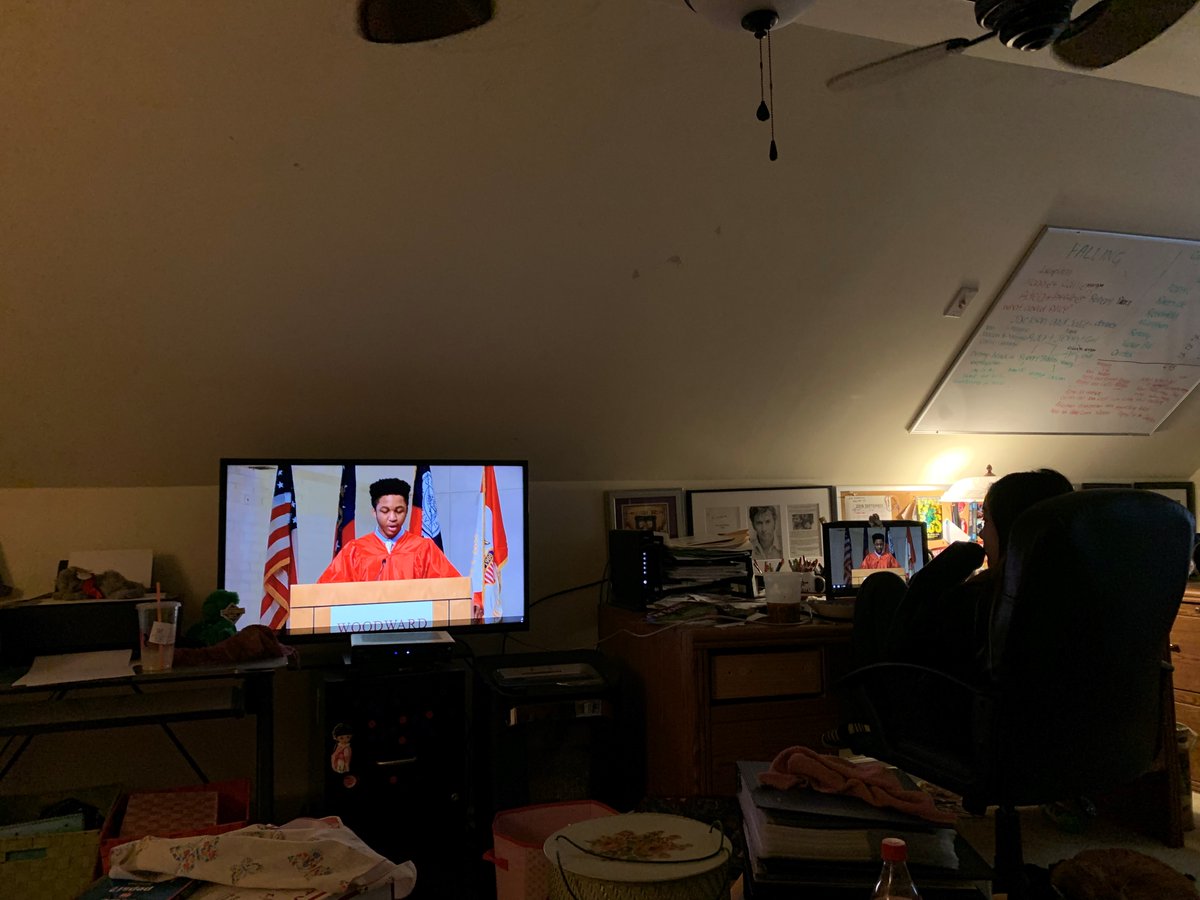EmmaED1's tweet photo. Tonight was supposed to be my Senior Baccalaureate. So here I am watching the virtual presentation with Mommy and Daddy - and reminded once again that there will be no Commencement Ceremony tomorrow. @WoodwardAcademy #WAClassof2020 https://t.co/Cl4g3ejCad