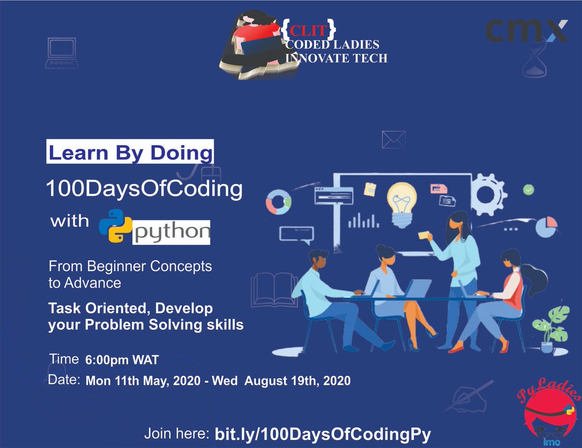 pyladiesimo's tweet photo. CodedLadies InnovateTech in partnership with CMX Imo and @pyladiesimo brings to you

#100DaysOfCoding with Python
Develop ur problem solving skills
Join: https://t.co/T1dzWlbNQe

@ThePSF 
@CMX @codedladiesinnovatetech @OTechbot @femtech_ @WomenCodersBot @AmadikwaJoy @emetowinner https://t.co/16iZYQ2epr