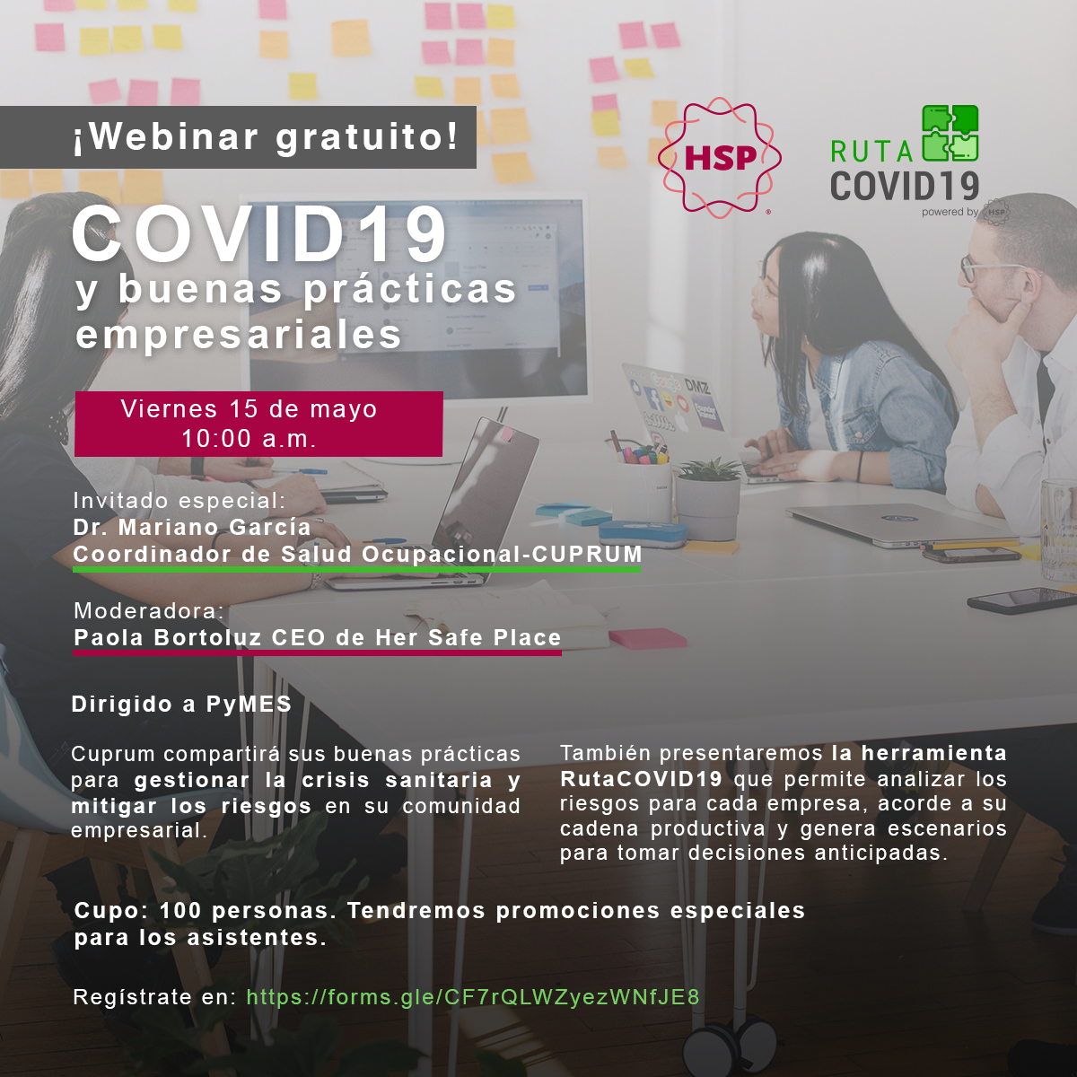 📆 Te esperamos el próximo viernes en nuestro webinar gratuito "#Covid_19 y buenas prácticas empresariales" con <a href="/PaolaBortoluz/">Paola Bortoluz</a> de Her Safe Place y Mariano García de <a href="/Grupo_Cuprum/">Grupo Cuprum</a>. 

Registro abierto 👉🏼 forms.gle/CF7rQLWZyezWNf…

Tendremos sorpresas para quienes se conecten.