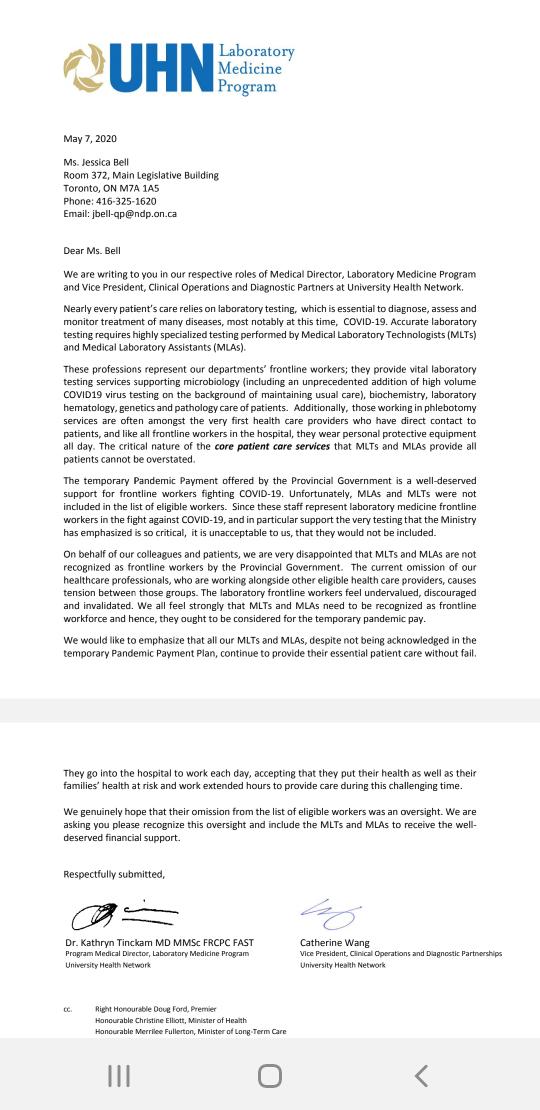 CWangTO's tweet photo. Today, I joined @HeidiSchmidtRad and @umtincka in sending joint letters advocating our government to reconsider this decision. MLTs, MLAs, MRTs and other diagnostic staff are critical to patient care and this pandemic.
#pandemicpay #EssentialWorkers #HealthcareHeroes https://t.co/LxJVxSDNkU