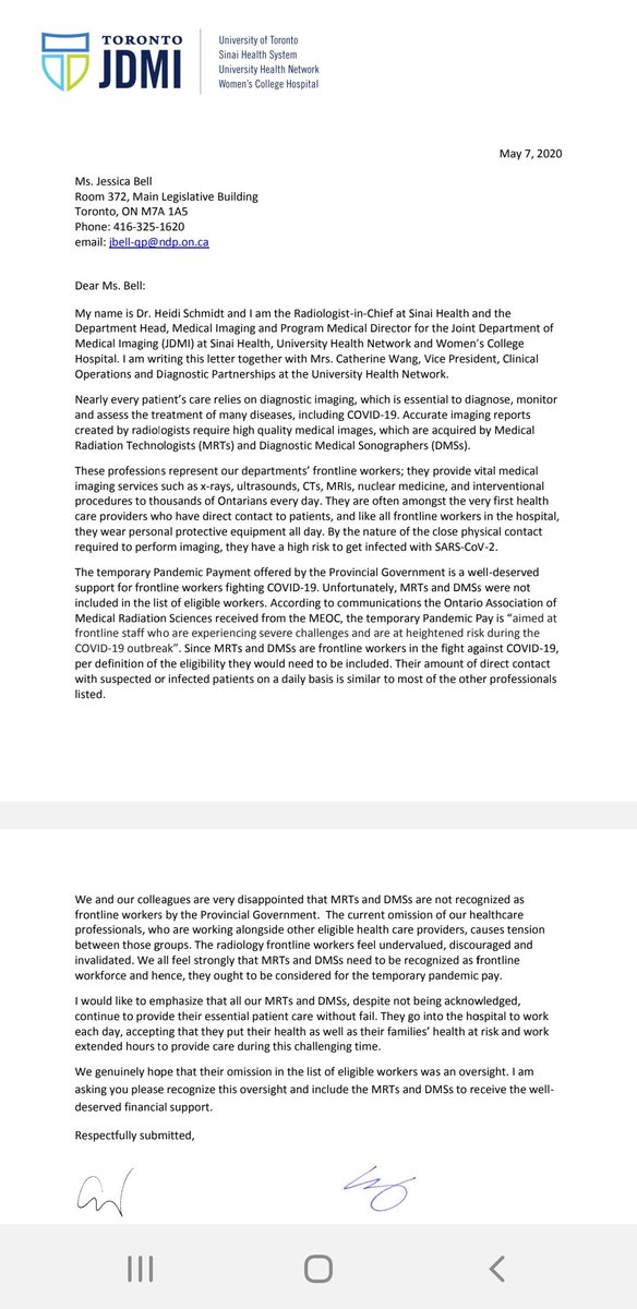 CWangTO's tweet photo. Today, I joined @HeidiSchmidtRad and @umtincka in sending joint letters advocating our government to reconsider this decision. MLTs, MLAs, MRTs and other diagnostic staff are critical to patient care and this pandemic.
#pandemicpay #EssentialWorkers #HealthcareHeroes https://t.co/LxJVxSDNkU