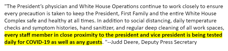 The WH says "every staff member in close proximity to the President & VP" are being tested daily for COVID-19, as are any guests. Testing of POTUS/VP guests started in early April. It's not clear when staff daily testing began-the WH said before some staff were tested "regularly"