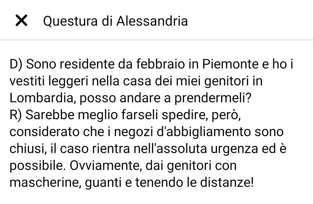 ElisabettadeLu's tweet photo. @welikeduel Non avrei mai immaginato che il cambio di stagione potesse passare dall'essere una rottura di coglioni a una valida scusa per spostarsi in altra Regione. Evviva il cambio di stagione e sempre evviva la Questura di Alessandria! https://t.co/6dUQcXlqf9