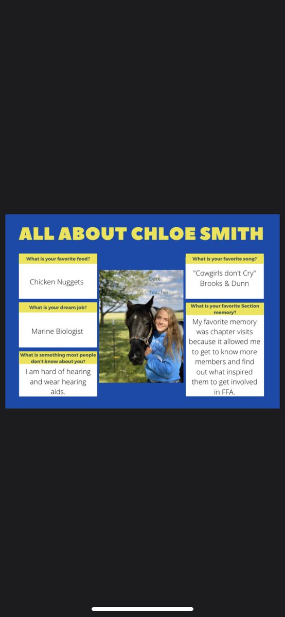 _section17FFA's tweet photo. Want to get to know the 2020-2021 Section 17 officer team? Start watching social media as we post a daily “get to knlw me” that focused on a different officer! Today’s spotlight is Chloe Smith from the Rantoul FFA chapter. 💙💛💙💛 https://t.co/unTrja5VpC