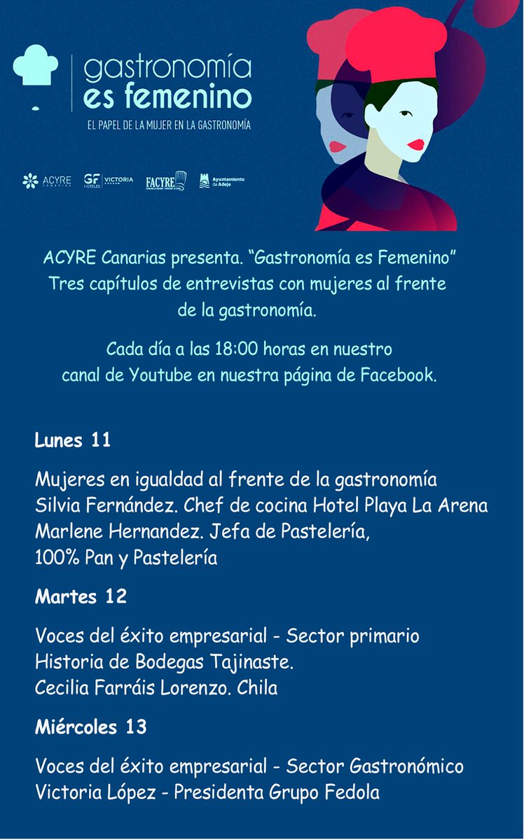 AlfonsoJLT's tweet photo. 👩🍳 Desde #ACYRE Canarias, están preparando una serie de tres programas, con las entrevistas realizadas en suúltimo acto “#Gastronomía es #Femenino”. https://t.co/WvVIjKDENR
