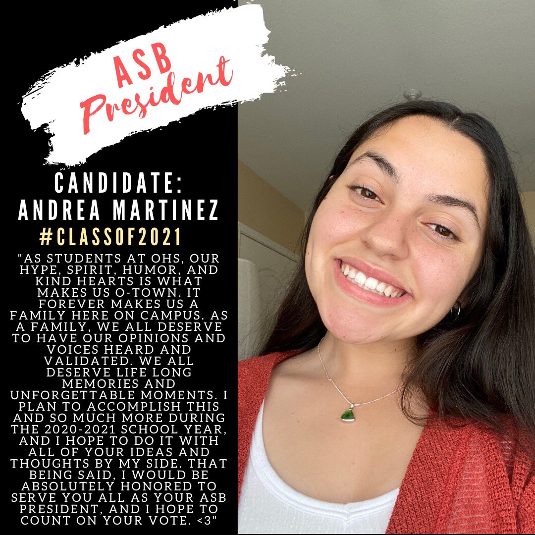 OxnardHSASB's tweet photo. And finally to our Class of 2021 candidates for Senior Class President and ASB President! All amazing leaders in their own right! Voting will take place for this class next Friday and Saturday through a google form! #classof2021 #votenextweek https://t.co/4fyMIr5RvN