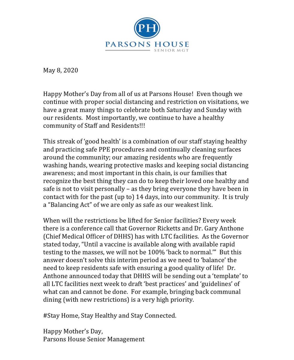 ParsonsHouseNE's tweet photo. Happy Mother's Day weekend from all of us at Parsons House! Here's our latest news update in regards to COVID-19. https://t.co/4Ch79vSJhY
