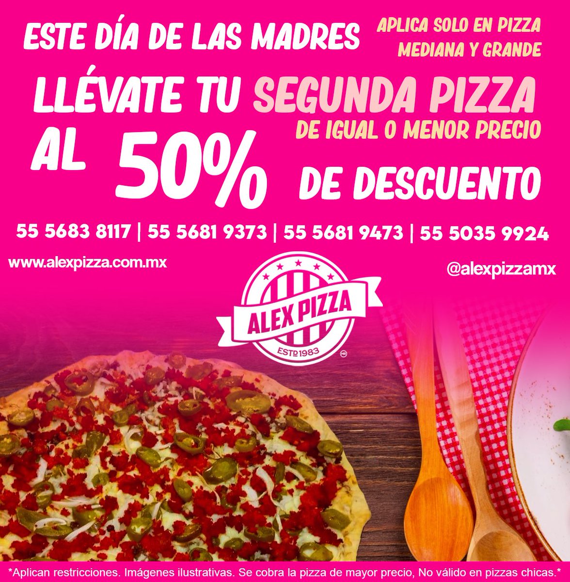 AlexPizzaMx's tweet photo. ¡Ya viene el Día de las Madres! ❤️ Este 10 de mayo, pide una pizza mediana o grande, y llévate la segunda pizza con un 50% de descuento.

Servicio a domicilio
📞 55 5683 8117 | 55 5681 9373 | 55 5681 9473 | 55 5035 9924

#FelizDiadeLaMadre #pizza #cdmx #domicilio #DiaDeLaMadre https://t.co/kjUtFmY4BV