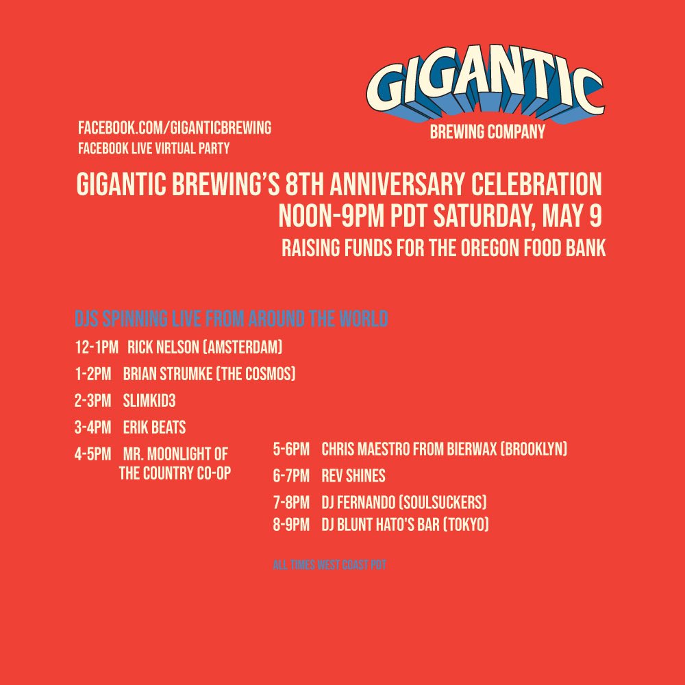Join us this Saturday for the Gigantic 8th Anniversary celebration on Facebook Live from noon-9pm (facebook.com/GiganticBrewin…). Van and Ben will be hosting a live DJ party with friends and special guests from around the world, telethon style raising funds for the @oregonfoodbank
