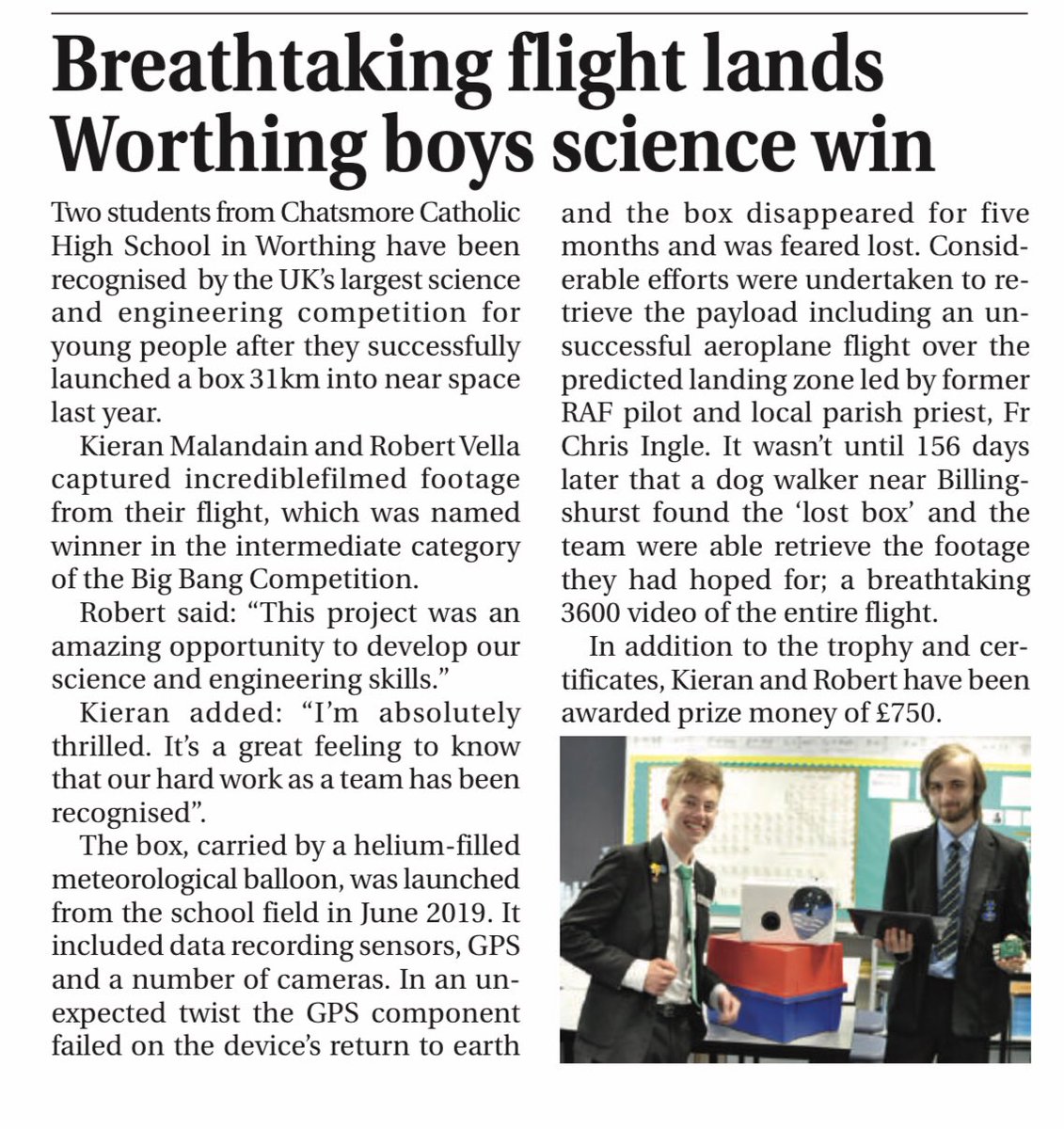 SORGreenBox's tweet photo. The @ChatsmoreCHS #lostbox #bigbangcompetition success has found its way into the national @ukcatholicpress https://t.co/ExGoAMqurA