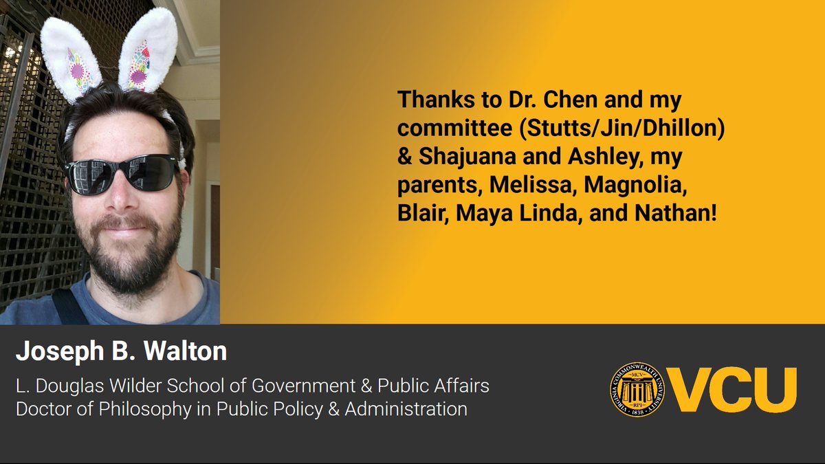 JosephBWalton's tweet photo. It is official, I am a graduate of the Public Policy &amp; Administration Doctoral Program! @VCUWilderSchool @VCU 

Thank you @victortanchen @ProfessDhillon Nancy Stutts @myung_jin77 Shajuana Isom-Payne Ashley Harrison

Meme credit: @Suitpossum https://t.co/72T6ZXUxYR