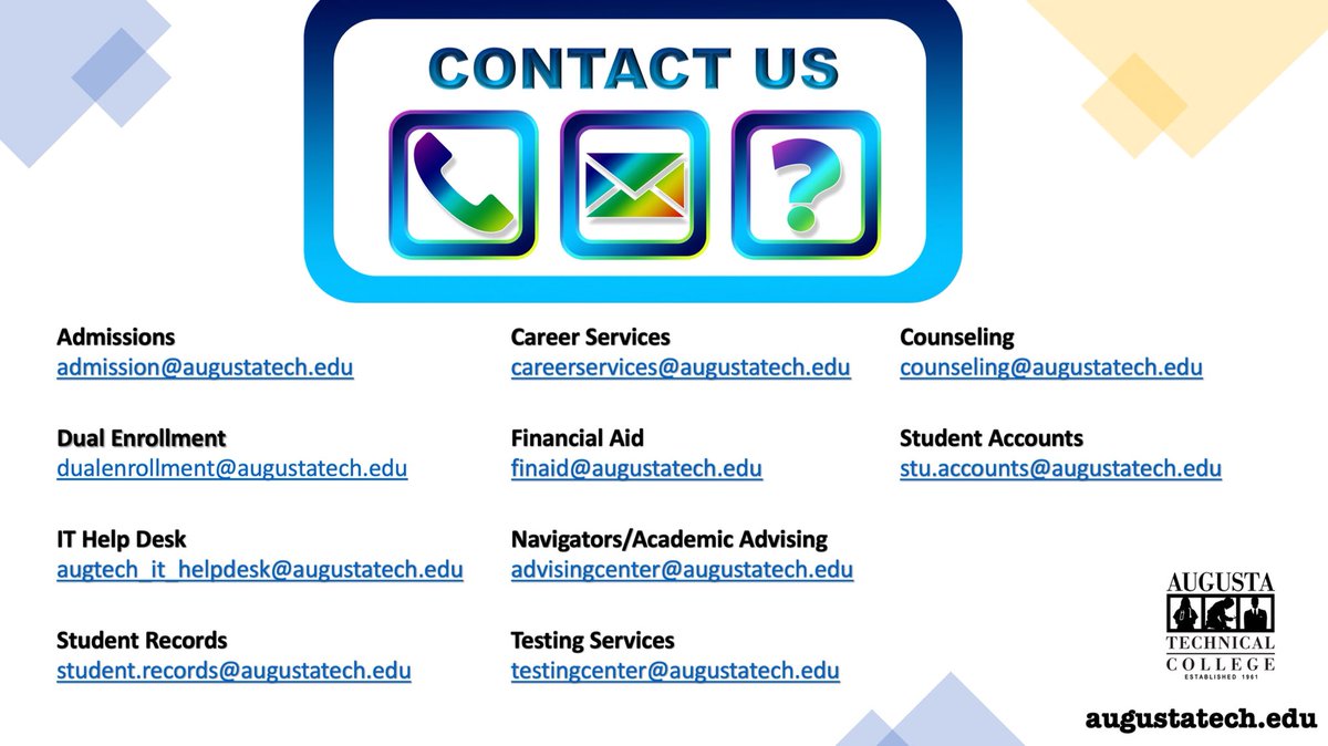 AugustaTech1's tweet photo. Augusta Tech is online and here to answer your questions! Summer semester starts June 1st. Questions? Send an email! #AugustaTechOnline #AugustaTechStudentServices https://t.co/nItQfpF59W