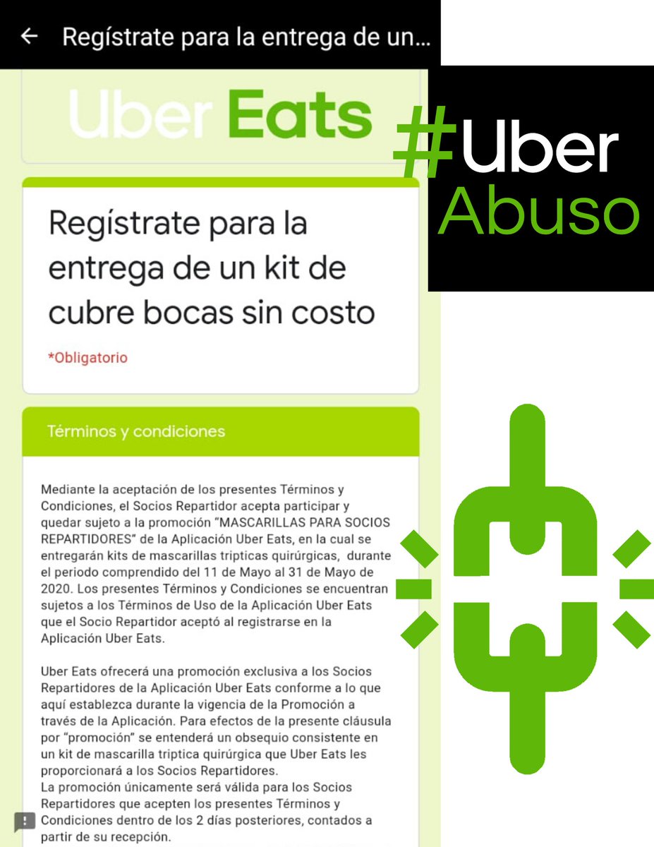 ari_santillan's tweet photo. Pues resulta que @UberEats_mex quiere hacerse pasar como "buena onda" regalando cubrebocas y cobrándoles el viaje a quienes vayan por ese regalo, además de obligarlos a términos sumamente abusivos. #UberAbuso https://t.co/tsBbvMye0x