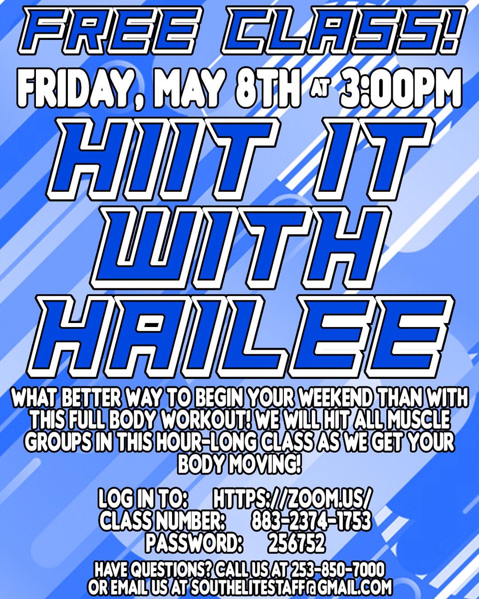 🚨FREE CLASS ALERT🚨 
For today only join Coach Hailee in our HIIT IT class! This intensive full body work out will do you wonders!
Class starts in one hour, don’t be late! 
Zoom Class: 983-2374-1753
Password: 256752