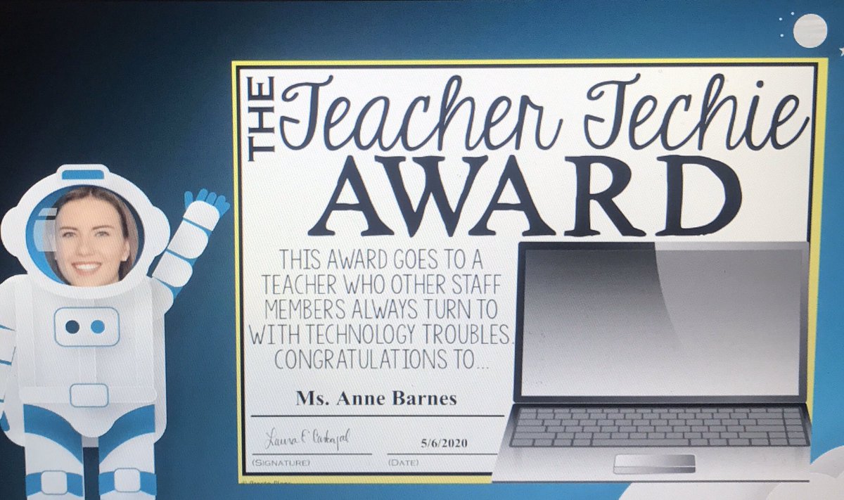 *from this week’s staff meeting* I would like to thank all those #EdTech educators who paved the way for me. I could not have won this award without you!😂 @nateswet <a href="/JenRoberts1/">Jen Roberts, NBCT</a> @chrisgarcia03