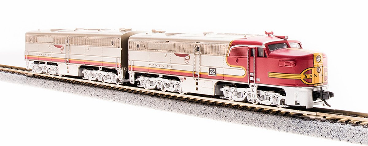 QStationMedia's tweet photo. Now at hobby stores: Broadway Limited Imports N 3840 Alco PA/PB Set, Atchison Topeka and Santa Fe #55L/55A (Equipped with Paragon3 Sound/DC/DCC). Retail price is $329.99. https://t.co/ZcjFEtjL9V