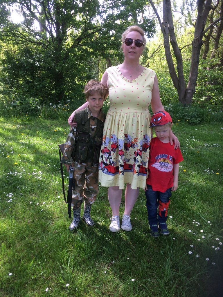 LizzygSja's tweet photo. Might not have been the summer tea party I imagined but a great opportunity to dress up with my boys and wear my favourite #lindybop dress today at the #VEDay #streetparty with #SocialDistanacing adhered to of course https://t.co/p67WQhPZH8